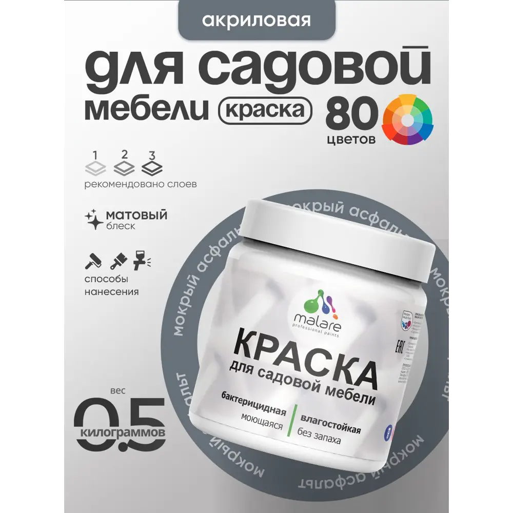 Фото 2 Краска для садовой мебели Malare садмеб_743 Latex антисептическая матовая цвет мокрый асфальт 0.5 кг
