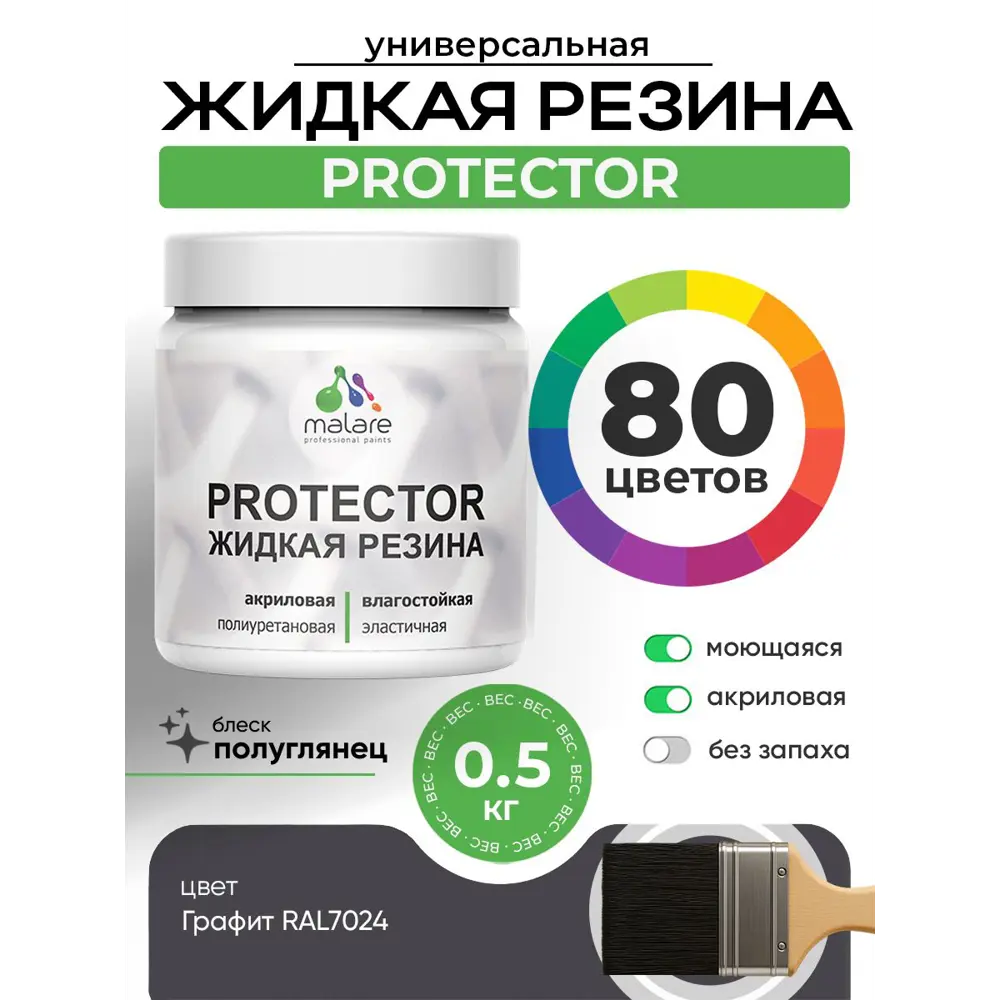 Фото 3 Краска резиновая для гидроизоляции Malare Protector Latex полуглянцевая цвет графитовый 0.5 кг Фото 3 Краска резиновая для гидроизоляции Malare Protector Latex полуглянцевая цвет графитовый 0.5 кг