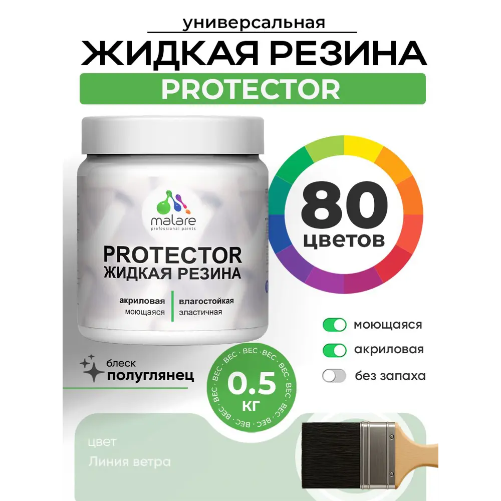 Фото Краска резиновая для гидроизоляции Malare Protector Latex полуглянцевая цвет линия ветра 0.5 кг