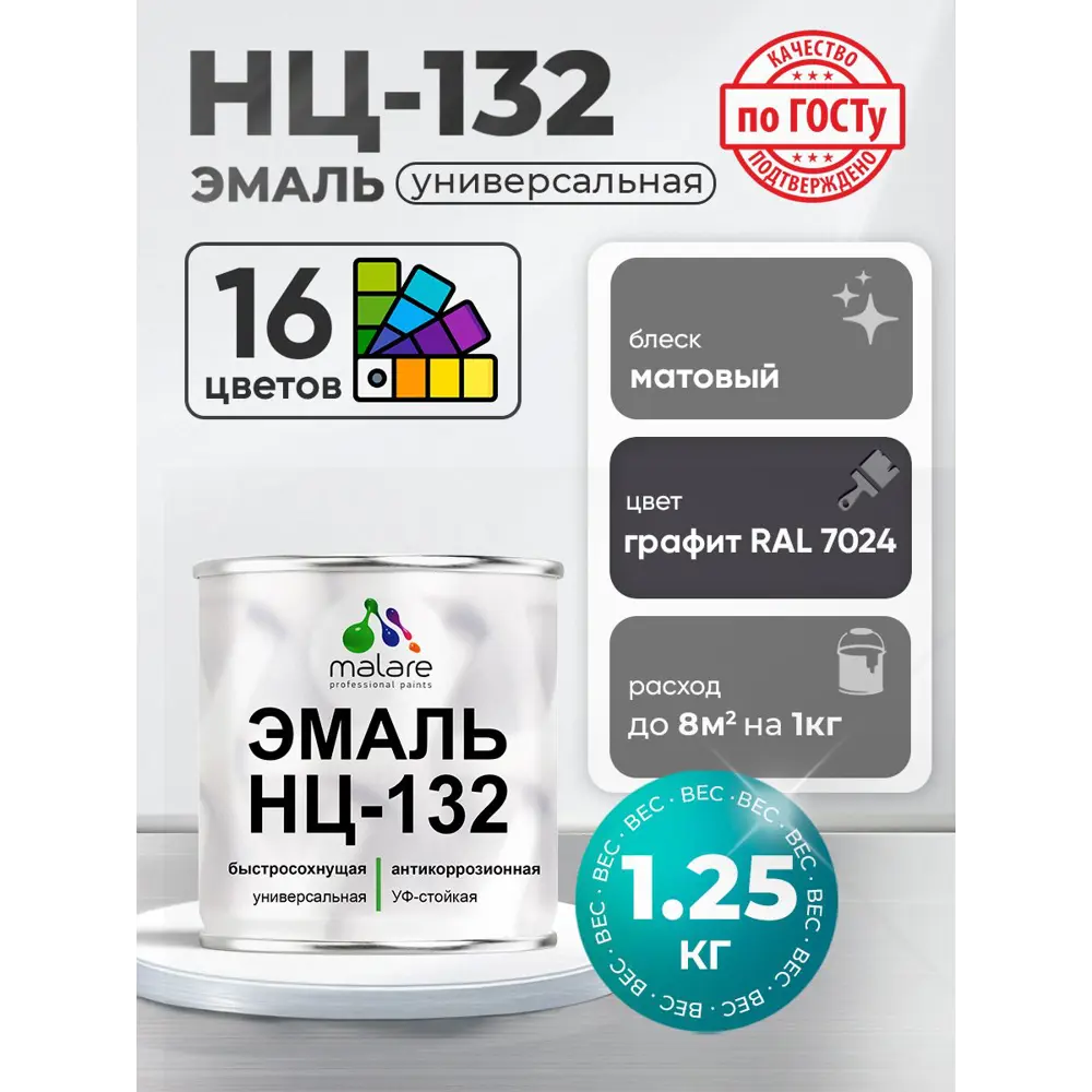 Фото 2 Эмаль универсальная Malare Professional НЦ-132 быстросохнущая цвет RAL 7024 графитово-серый(темный) матовая 1.25 кг