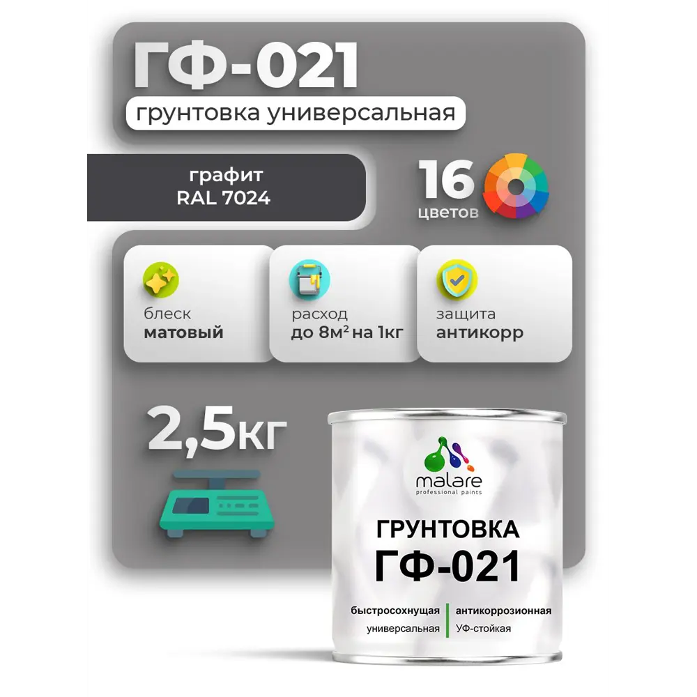 Фото 3 Грунтовка Malare Professional ГФ-021 для металла/дерева/минеральных поверхностей 2.5кг цвет графитово-серый матовый Фото 3 Грунтовка Malare Professional ГФ-021 для металла/дерева/минеральных поверхностей 2.5кг цвет графитово-серый матовый