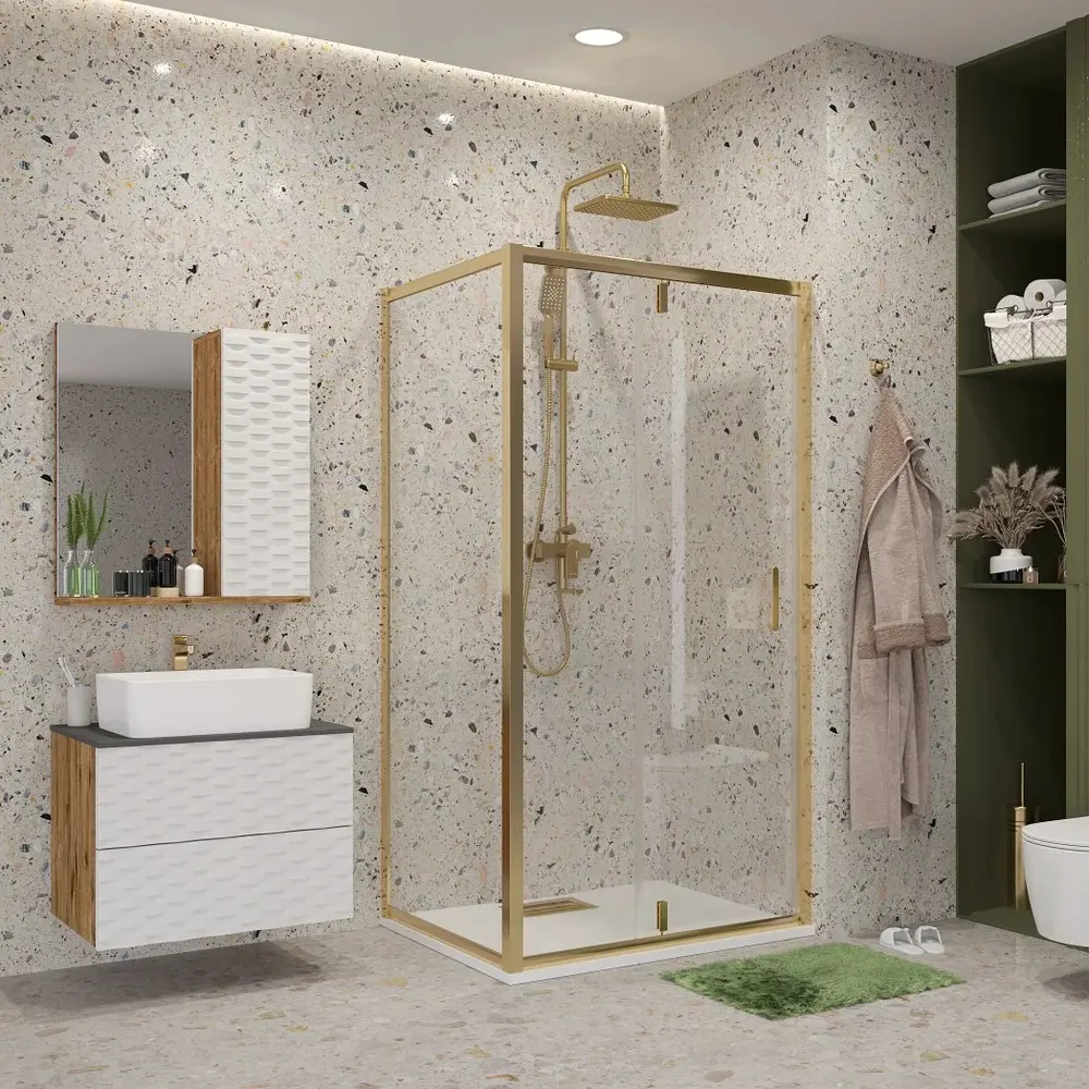 Фото Душевой уголок Niagara Nova 477158 прямоугольный 100x80см золотистый профиль эффект стекла прозрачный Фото Душевой уголок Niagara Nova 477158 прямоугольный 100x80см золотистый профиль эффект стекла прозрачный