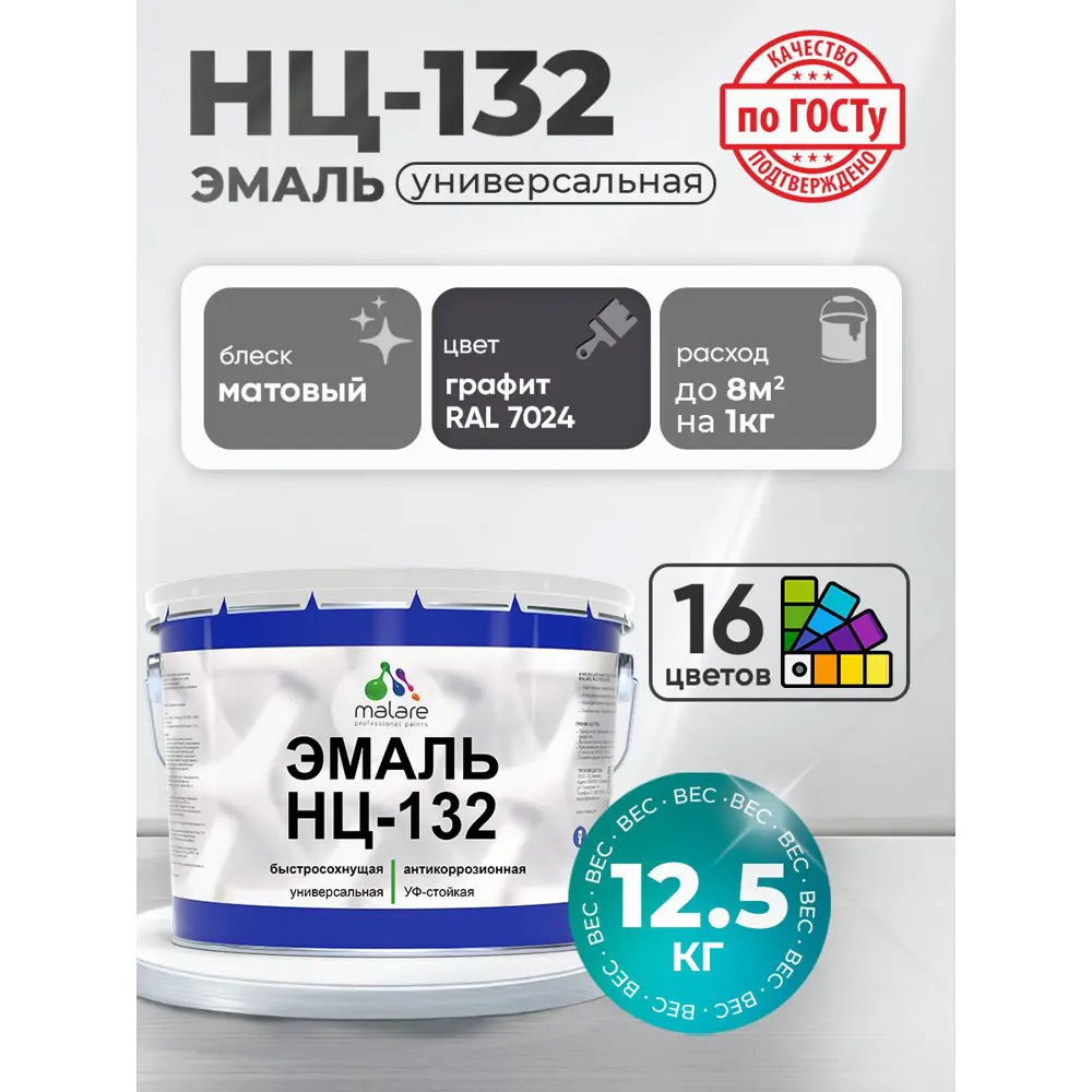 Фото 3 Эмаль универсальная Malare Professional НЦ-132 быстросохнущая цвет RAL 7024 графитово-серый(темный) матовая 12.5 кг