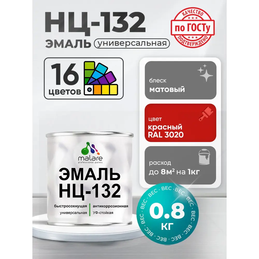 Фото 2 Эмаль универсальная Malare Professional НЦ_032 НЦ-132 быстросохнущая цвет RAL 3020 красный матовая 0.8 кг Фото 2 Эмаль универсальная Malare Professional НЦ_032 НЦ-132 быстросохнущая цвет RAL 3020 красный матовая 0.8 кг