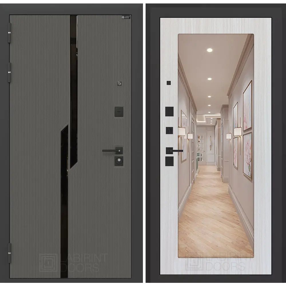 Фото Входная дверь Labirintdoors Карбон 205x88см левый цвет сандал белый/лофт графит с зеркалом П18 Фото Входная дверь Labirintdoors Карбон 205x88см левый цвет сандал белый/лофт графит с зеркалом П18