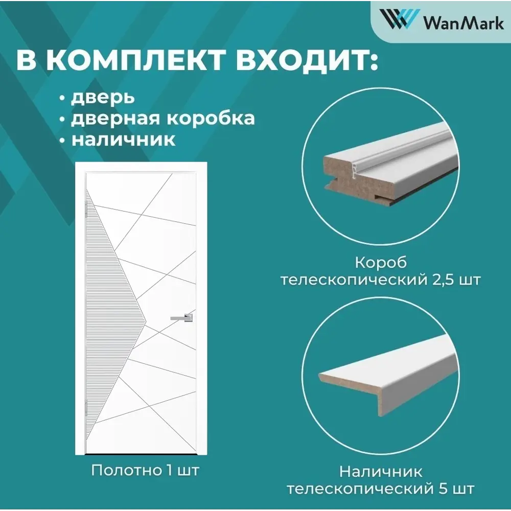 Фото 8 Комплект межкомнатной двери Wanmark Синди-2 глухая 200x70см эмаль цвет белый с коробом и наличниками