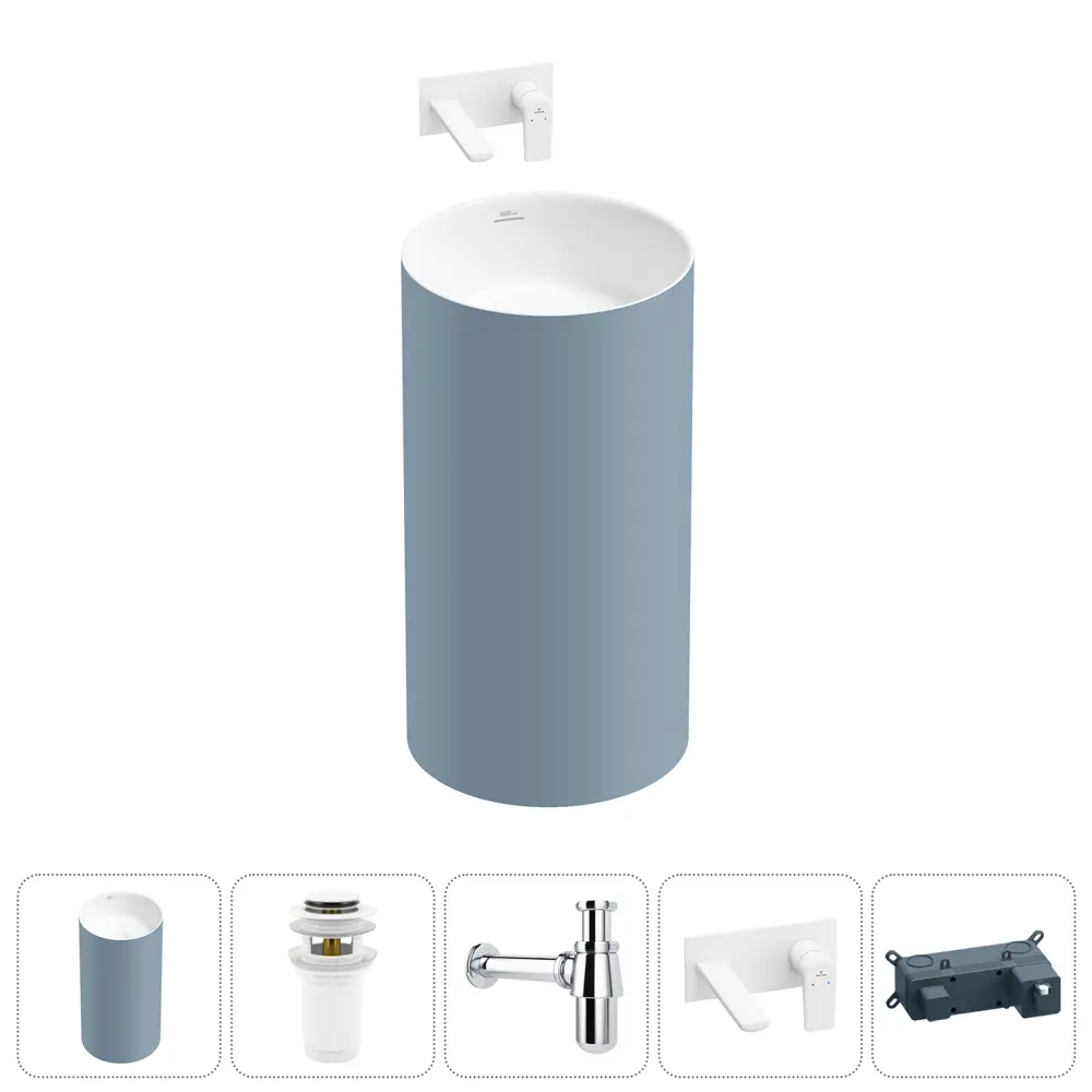 Фото Напольная раковина отдельностоящая Wellsee Chalice Perfection 20212963R размер 45x45x85 см, с донным клапаном, сифоном и смесителем