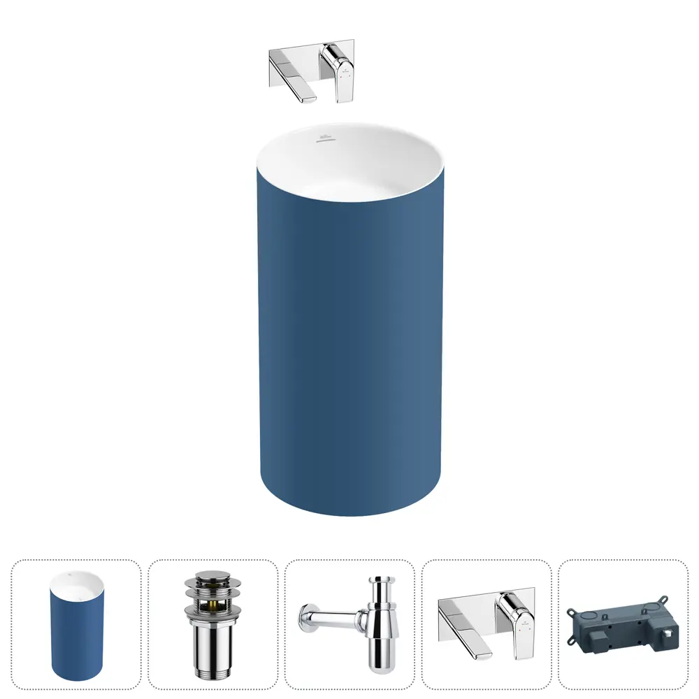 Фото Напольная раковина отдельностоящая Wellsee Chalice Perfection 20212970R размер 45x45x85 см, с донным клапаном, сифоном и смесителем