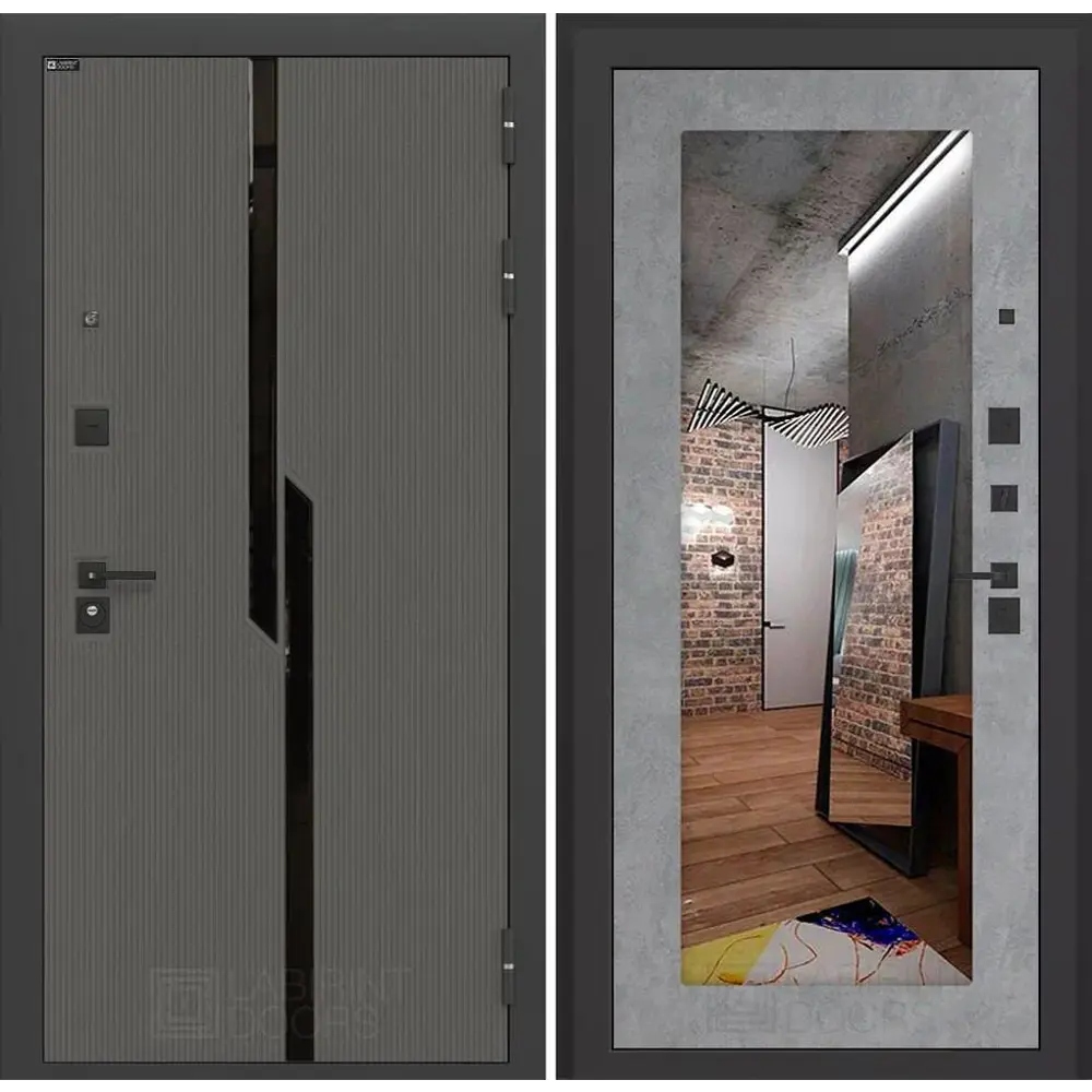 Фото Входная дверь Labirintdoors Карбон 205x88см правый цвет бетон светлый/лофт графит с зеркалом П18 Фото Входная дверь Labirintdoors Карбон 205x88см правый цвет бетон светлый/лофт графит с зеркалом П18
