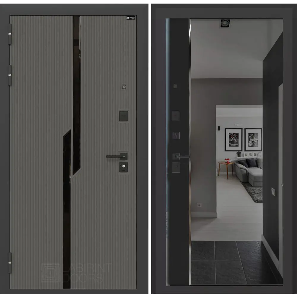 Фото Входная дверь Labirintdoors Карбон 205x96см левый цвет черный кварц/лофт графит с зеркалом Фото Входная дверь Labirintdoors Карбон 205x96см левый цвет черный кварц/лофт графит с зеркалом