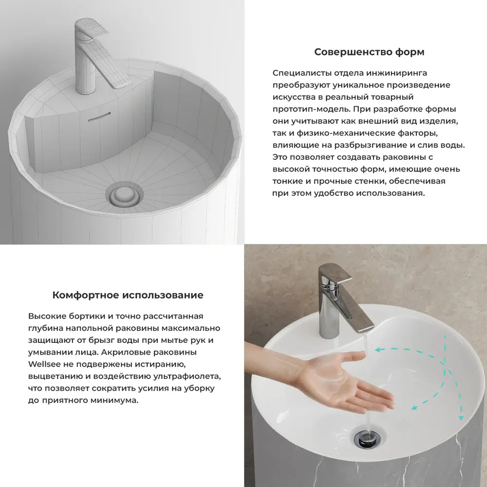 Фото 6 Напольная раковина отдельностоящая Wellsee Chalice Perfection 20213047R размер 45x45x85 см, с донным клапаном