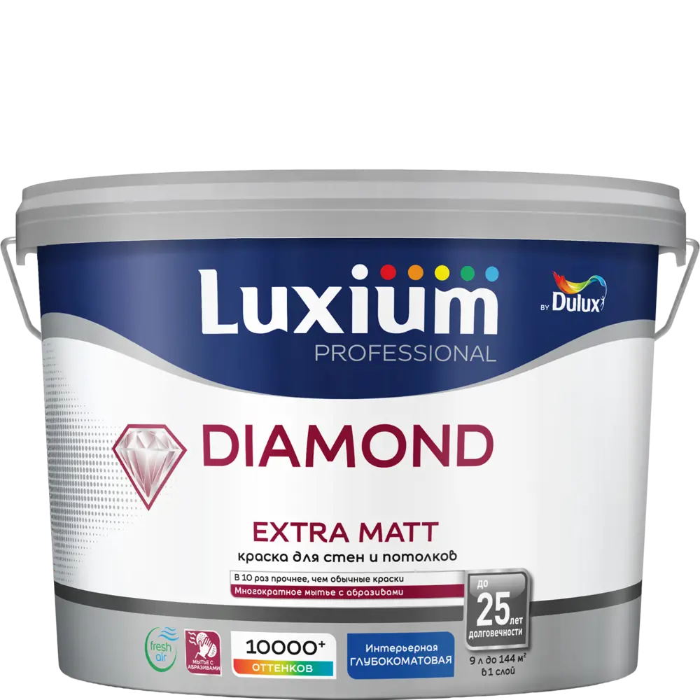 Фото Краска для внутренних покрытий моющаяся Luxium Diamond Extra Matt глубокоматовая цвет белый база BW 9 л