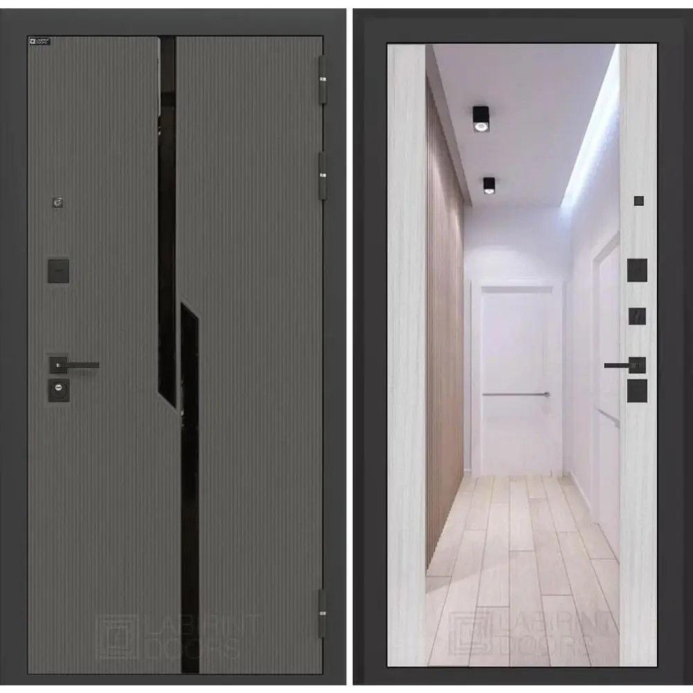 Фото Входная дверь Labirintdoors Карбон 205x96см правый цвет сандал белый/лофт графит с зеркалом ФЛЗ-1 Фото Входная дверь Labirintdoors Карбон 205x96см правый цвет сандал белый/лофт графит с зеркалом ФЛЗ-1