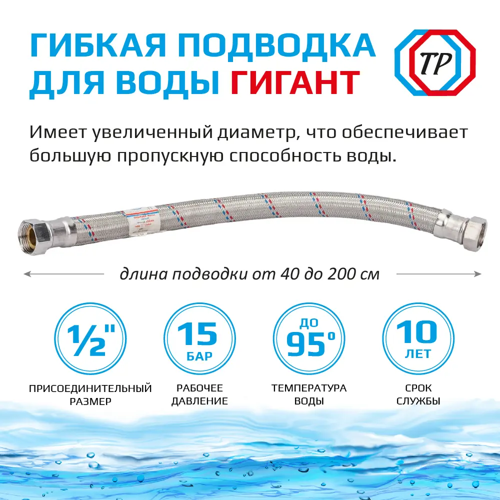 Фото 2 Гибкая подводка для воды Тр-сантехника Гигант 1/2" внутренняя-внутренняя резьба 80 см Фото 2 Гибкая подводка для воды Тр-сантехника Гигант 1/2" внутренняя-внутренняя резьба 80 см