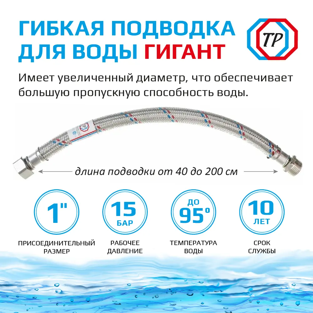 Фото 2 Гибкая подводка для воды Тр-сантехника Гигант 1" внутренняя-наружная резьба 200 см Фото 2 Гибкая подводка для воды Тр-сантехника Гигант 1" внутренняя-наружная резьба 200 см