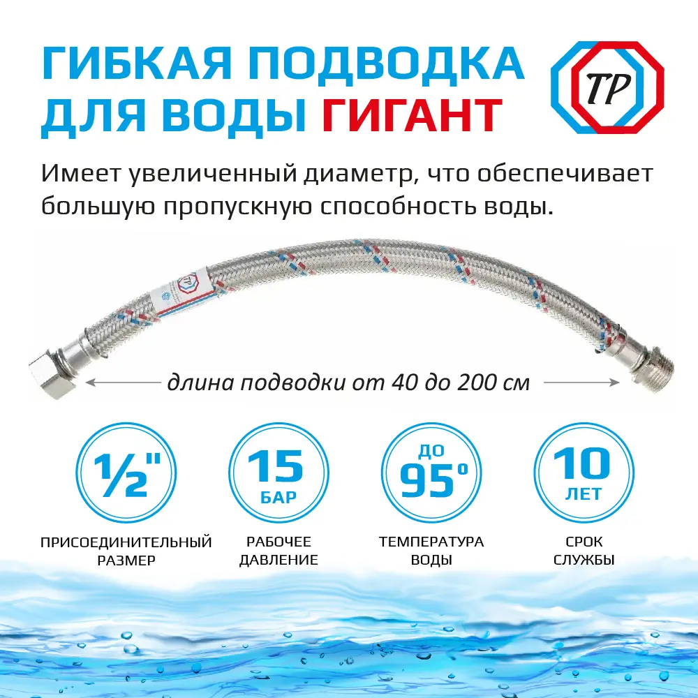 Фото 2 Гибкая подводка для воды Тр-сантехника Гигант 1/2" внутренняя-наружная резьба 100 см Фото 2 Гибкая подводка для воды Тр-сантехника Гигант 1/2" внутренняя-наружная резьба 100 см