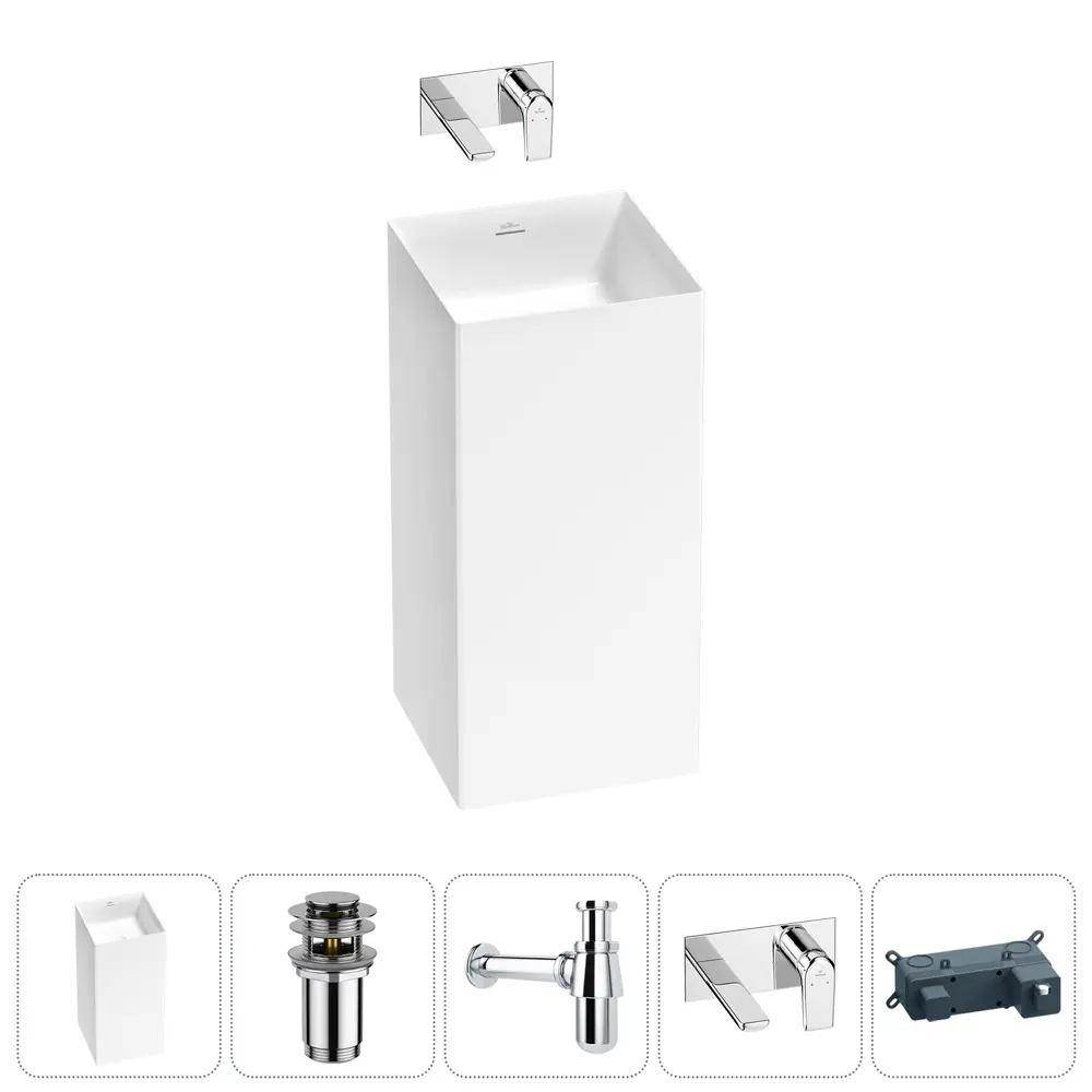 Фото Напольная раковина отдельностоящая Wellsee Pure BY Wellsee 20213222R размер 40x40x85 см, с донным клапаном, сифоном и смесителем Фото Напольная раковина отдельностоящая Wellsee Pure BY Wellsee 20213222R размер 40x40x85 см, с донным клапаном, сифоном и смесителем
