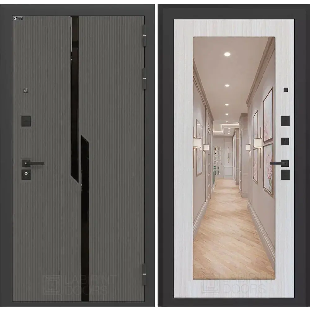 Фото Входная дверь Labirintdoors Карбон 205x96см правый цвет сандал белый/лофт графит с зеркалом П18 Фото Входная дверь Labirintdoors Карбон 205x96см правый цвет сандал белый/лофт графит с зеркалом П18