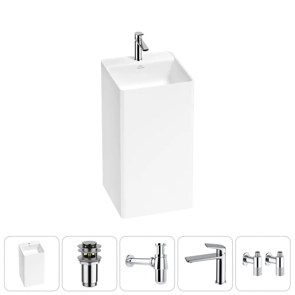Фото Напольная раковина отдельностоящая Wellsee Pure BY Wellsee 20213278R размер 45x45x85 см, с донным клапаном, сифоном, смесителем и вентилями Фото Напольная раковина отдельностоящая Wellsee Pure BY Wellsee 20213278R размер 45x45x85 см, с донным клапаном, сифоном, смесителем и вентилями