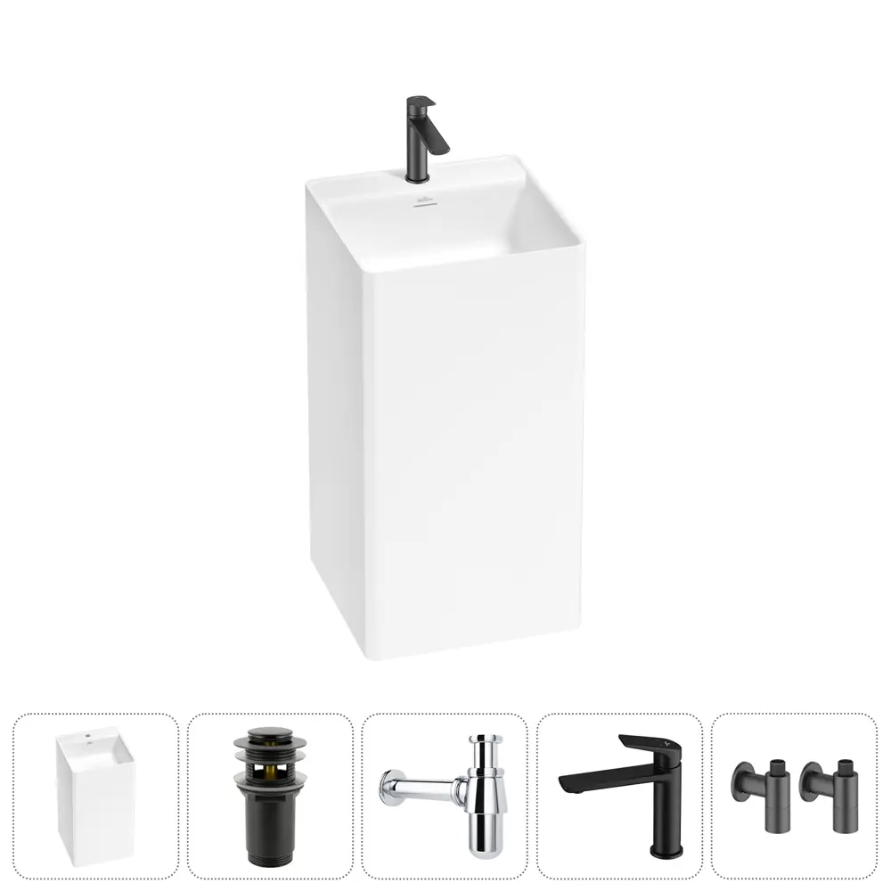 Фото Напольная раковина отдельностоящая Wellsee Pure BY Wellsee 20213279R размер 45x45x85 см, с донным клапаном, сифоном, смесителем и вентилями Фото Напольная раковина отдельностоящая Wellsee Pure BY Wellsee 20213279R размер 45x45x85 см, с донным клапаном, сифоном, смесителем и вентилями