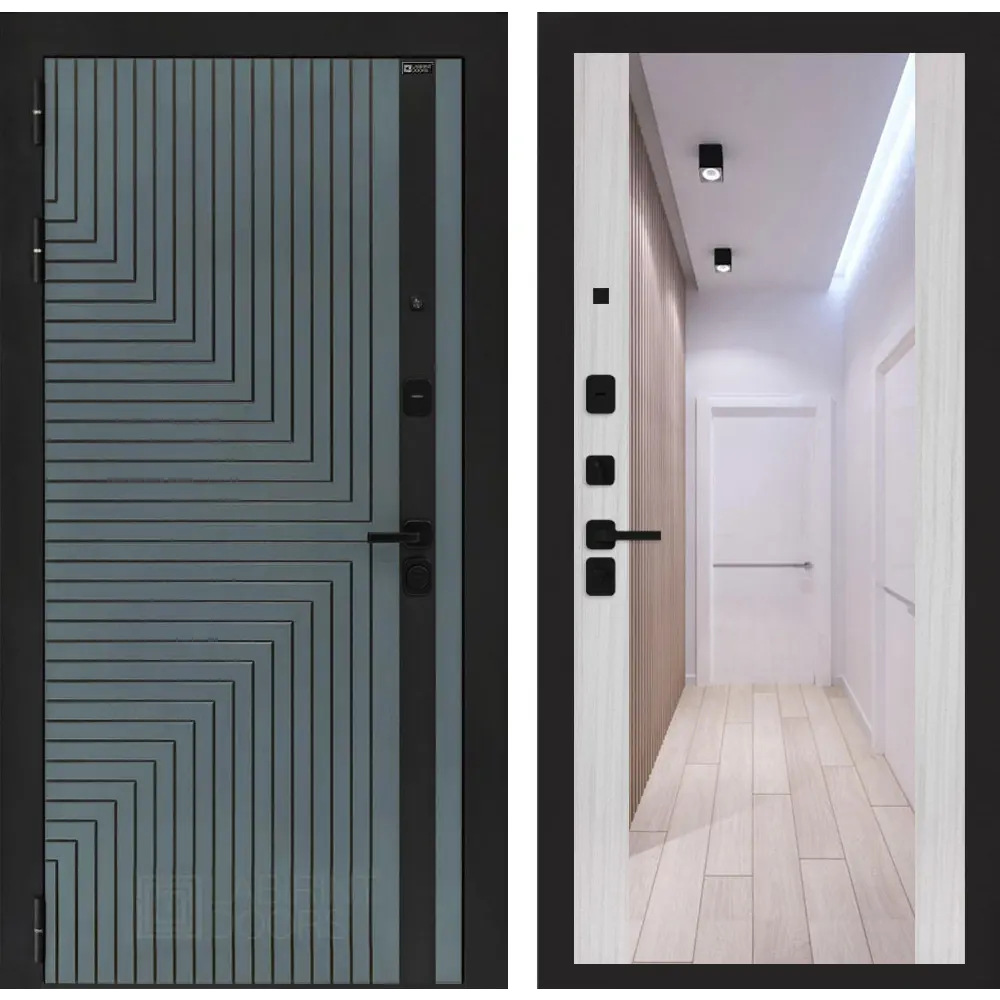 Фото Входная дверь Лабиринт Кредор левый 205x96см цвет серо-зеленый с патиной/сандал белый с зеркалом ФЛЗ-1