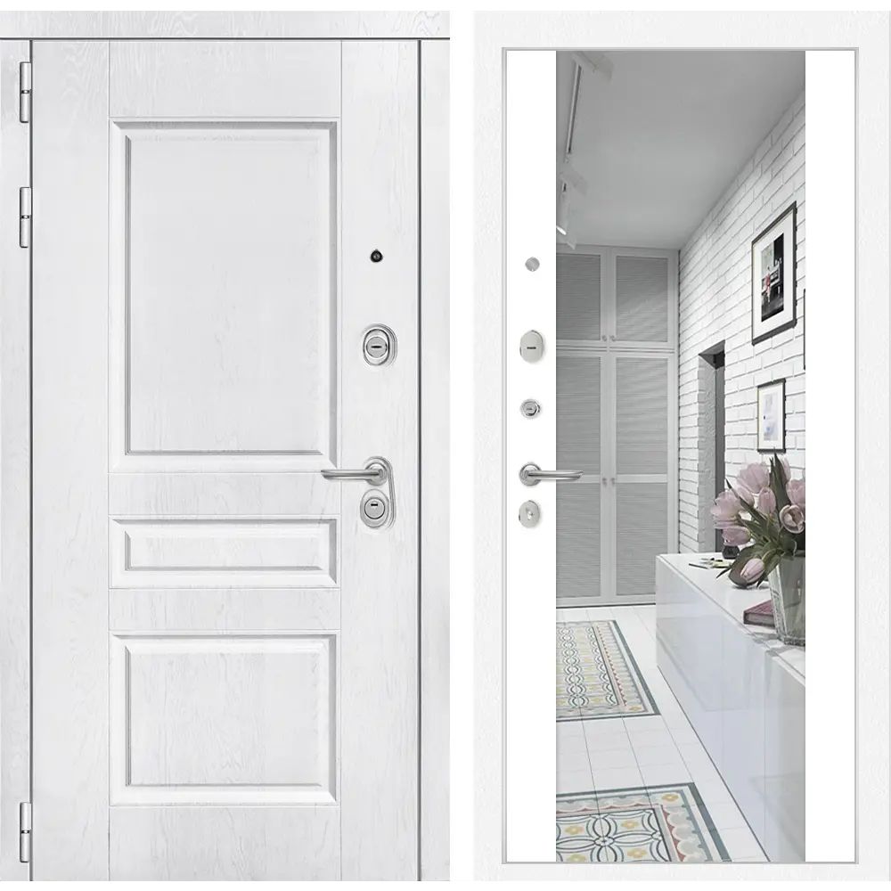 Фото Входная дверь Labirintdoors Версаль 205x88см левый цвет белый софт/альберо браш серебро с зеркалом Фото Входная дверь Labirintdoors Версаль 205x88см левый цвет белый софт/альберо браш серебро с зеркалом