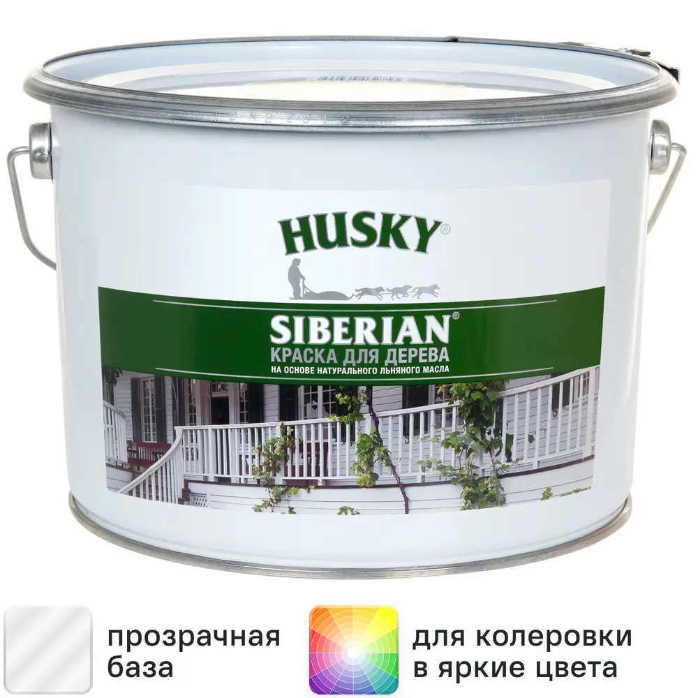 Фото Краска для дерева Husky Siberian моющаяся полуматовая прозрачная 9 л Фото Краска для дерева Husky Siberian моющаяся полуматовая прозрачная 9 л