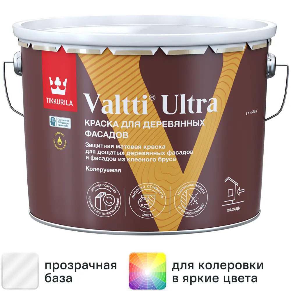 Фото Краска для деревянных фасадов Tikkurila Valtti Ultra матовая прозрачная база С 9 л Фото Краска для деревянных фасадов Tikkurila Valtti Ultra матовая прозрачная база С 9 л
