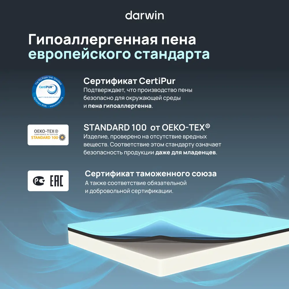 Фото 6 Матрас Darwin Breeze 90x190 см беспружинный, односпальный, ортопедический Фото 6 Матрас Darwin Breeze 90x190 см беспружинный, односпальный, ортопедический