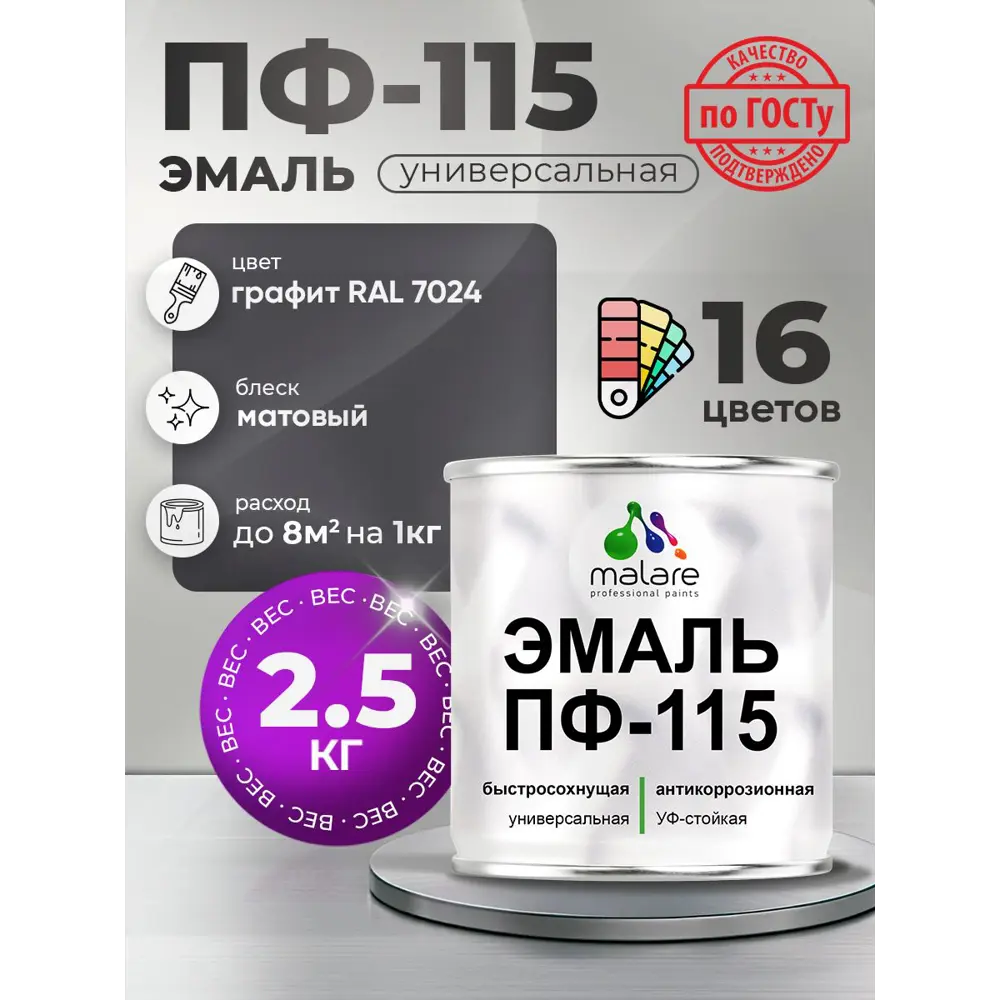Фото 3 Эмаль универсальная Malare Professional ПФ-115 антикоррозионная цвет RAL 7024 графитово-серый(темный) матовая 2.5 кг Фото 3 Эмаль универсальная Malare Professional ПФ-115 антикоррозионная цвет RAL 7024 графитово-серый(темный) матовая 2.5 кг