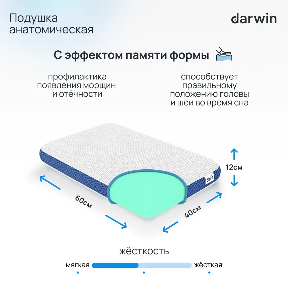 Фото 2 Подушка анатомическая Darwin Breeze 2.0 М, 40x60 см, пена с эффектом памяти