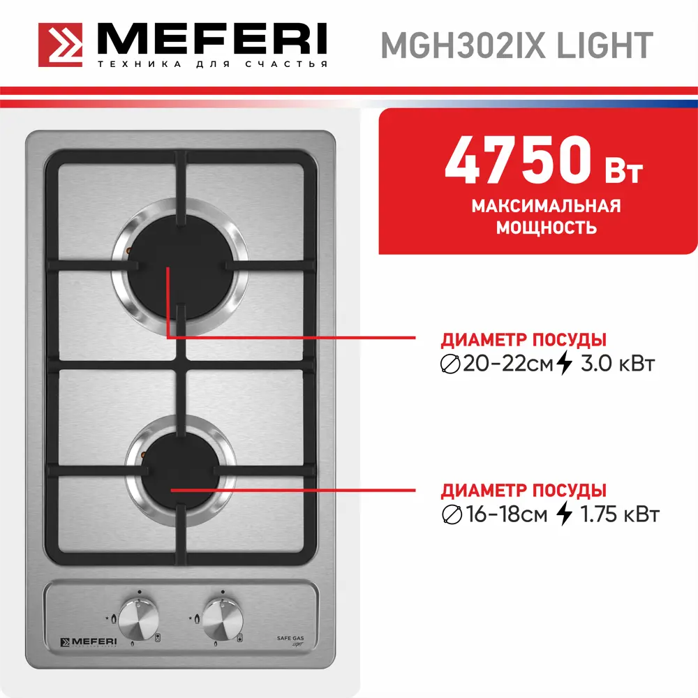 Фото 6 Газовая варочная панель Meferi MGH302IX 29 см 2 конфорки цвет серебристый Фото 6 Газовая варочная панель Meferi MGH302IX 29 см 2 конфорки цвет серебристый