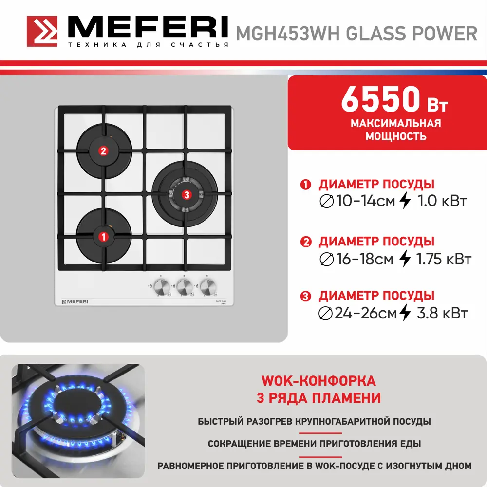 Фото 6 Газовая варочная панель Meferi MGH453WH GLASS POWER 44 см 3 конфорки цвет белый Фото 6 Газовая варочная панель Meferi MGH453WH GLASS POWER 44 см 3 конфорки цвет белый