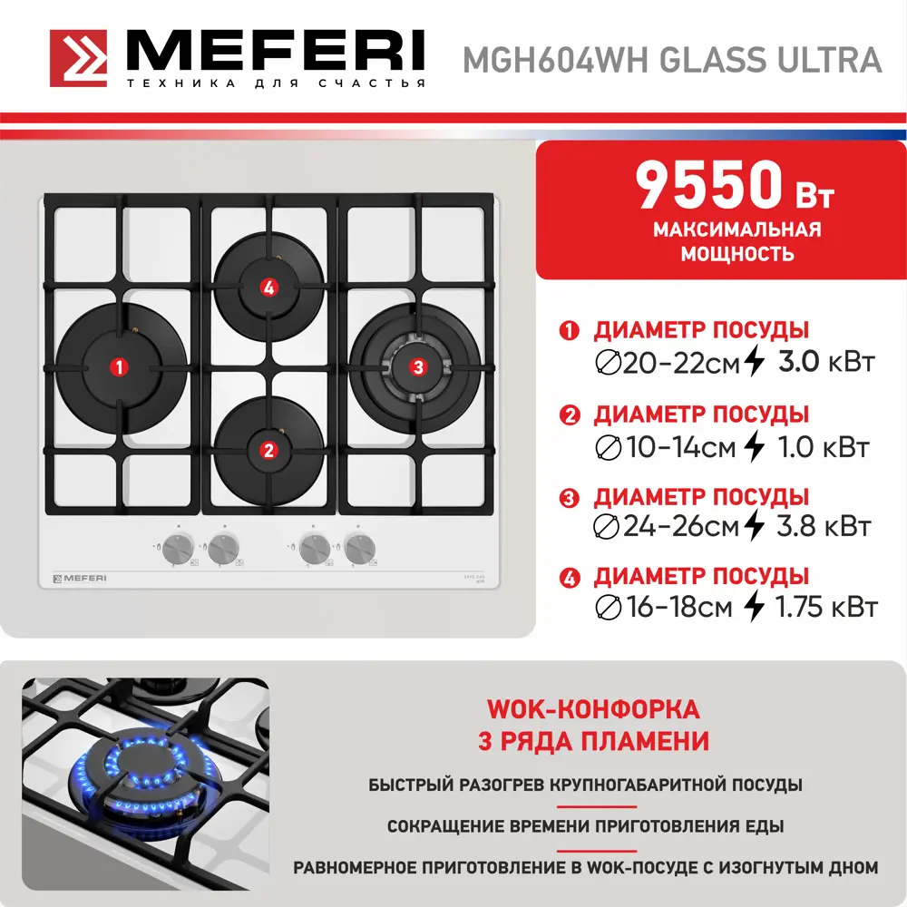 Фото 6 Газовая варочная панель Meferi MGH604WH GLASS ULTRA 60 см 4 конфорки цвет белый Фото 6 Газовая варочная панель Meferi MGH604WH GLASS ULTRA 60 см 4 конфорки цвет белый