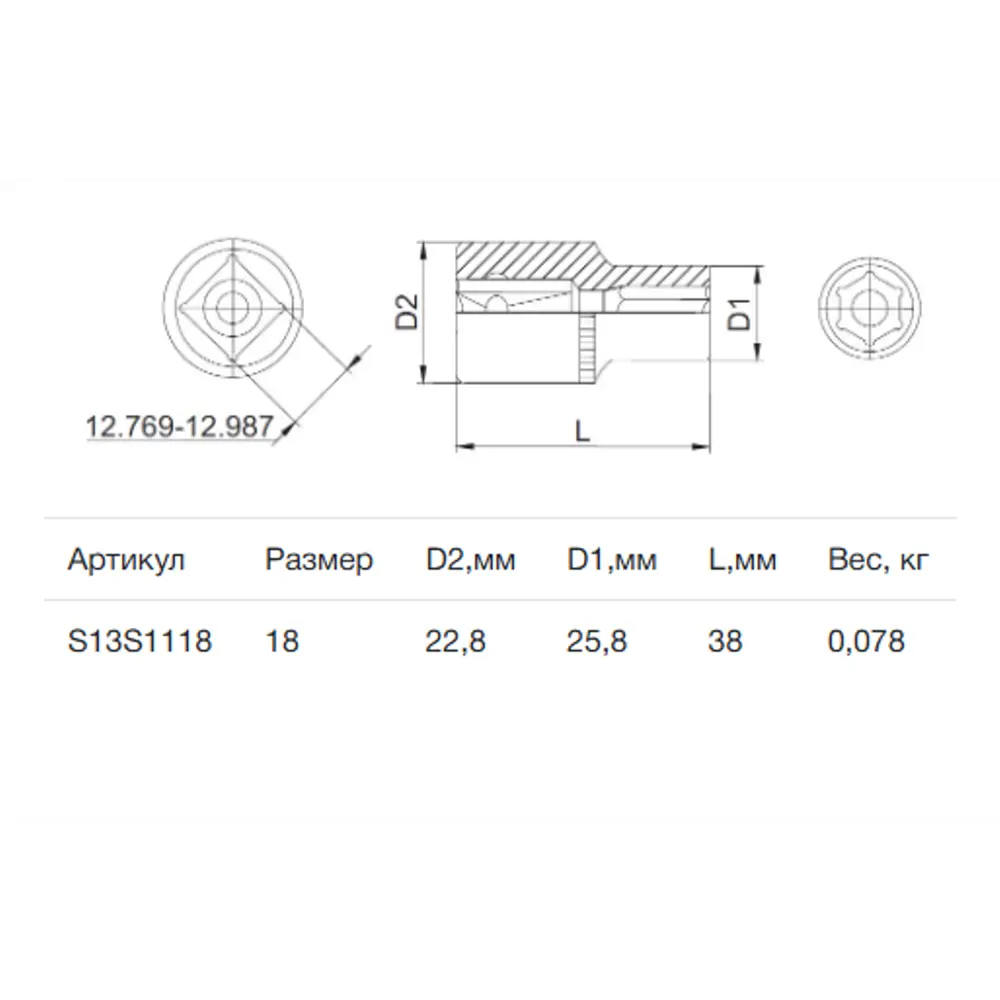 Фото 2 Торцевая головка шестигранная Thorvik S13S1118 1/2 дюйма 18 мм Фото 2 Торцевая головка шестигранная Thorvik S13S1118 1/2 дюйма 18 мм