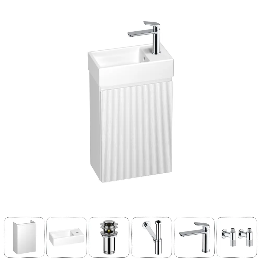 Фото Тумба с раковиной подвесная Wellsee WC Area 20216882R с донным клапаном, сифоном, смесителем и вентилями цвет белый Фото Тумба с раковиной подвесная Wellsee WC Area 20216882R с донным клапаном, сифоном, смесителем и вентилями цвет белый