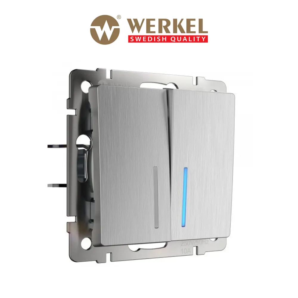 Фото Выключатель Werkel W1120109 двухклавишный с подсветкой цвет серебряный рифленый Фото Выключатель Werkel W1120109 двухклавишный с подсветкой цвет серебряный рифленый