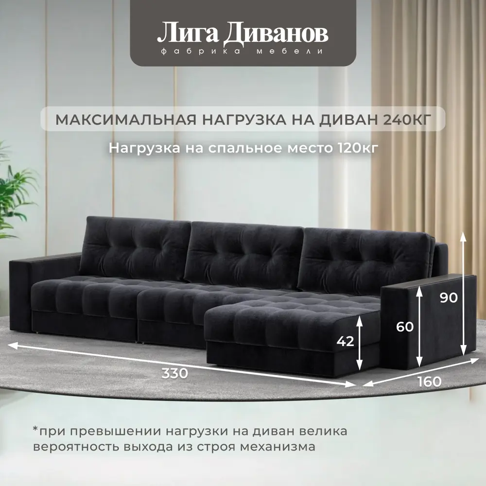 Фото 5 Диван раскладной Лига диванов 330x90x158 см велюр цвет tower 11 темно-серый Фото 5 Диван раскладной Лига диванов 330x90x158 см велюр цвет tower 11 темно-серый