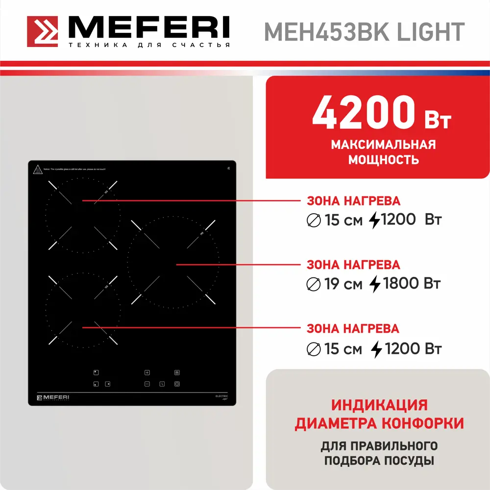 Фото 7 Электрическая варочная панель Meferi MEH453BK LIGHT 43 см 3 конфорки цвет черный Фото 7 Электрическая варочная панель Meferi MEH453BK LIGHT 43 см 3 конфорки цвет черный