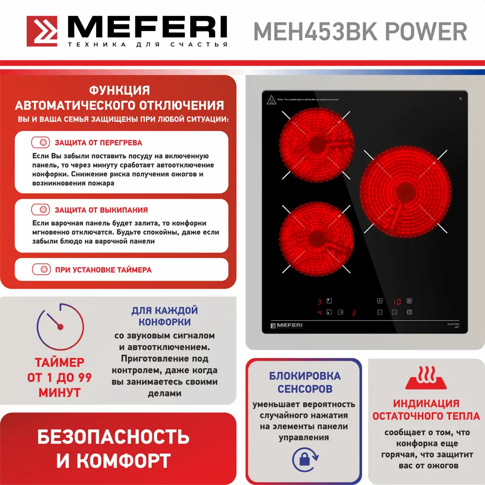 Фото 5 Электрическая варочная панель Meferi MEH453BK POWER 43 см 3 конфорки цвет черный Фото 5 Электрическая варочная панель Meferi MEH453BK POWER 43 см 3 конфорки цвет черный