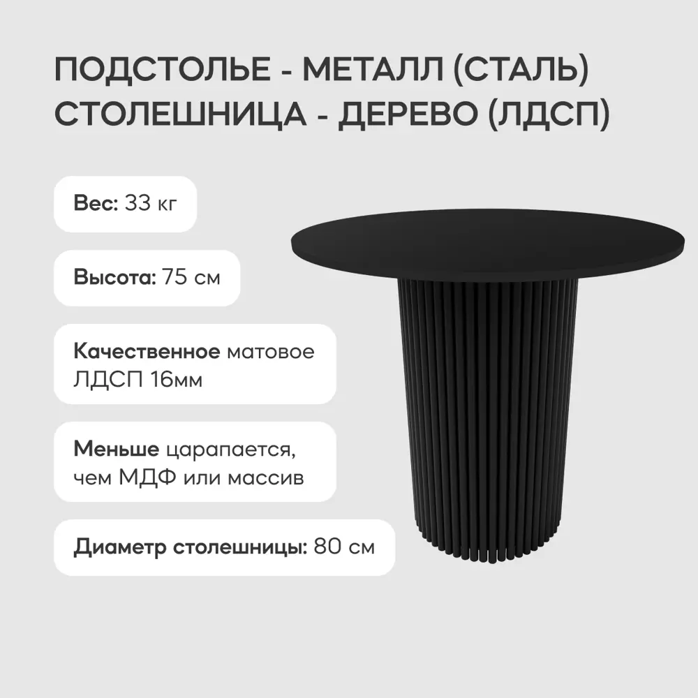 Фото 3 Кухонный стол круглый Genglass Trubis GGT-03-2-2-L-80 80x75x80 см ЛДСП цвет черный Фото 3 Кухонный стол круглый Genglass Trubis GGT-03-2-2-L-80 80x75x80 см ЛДСП цвет черный