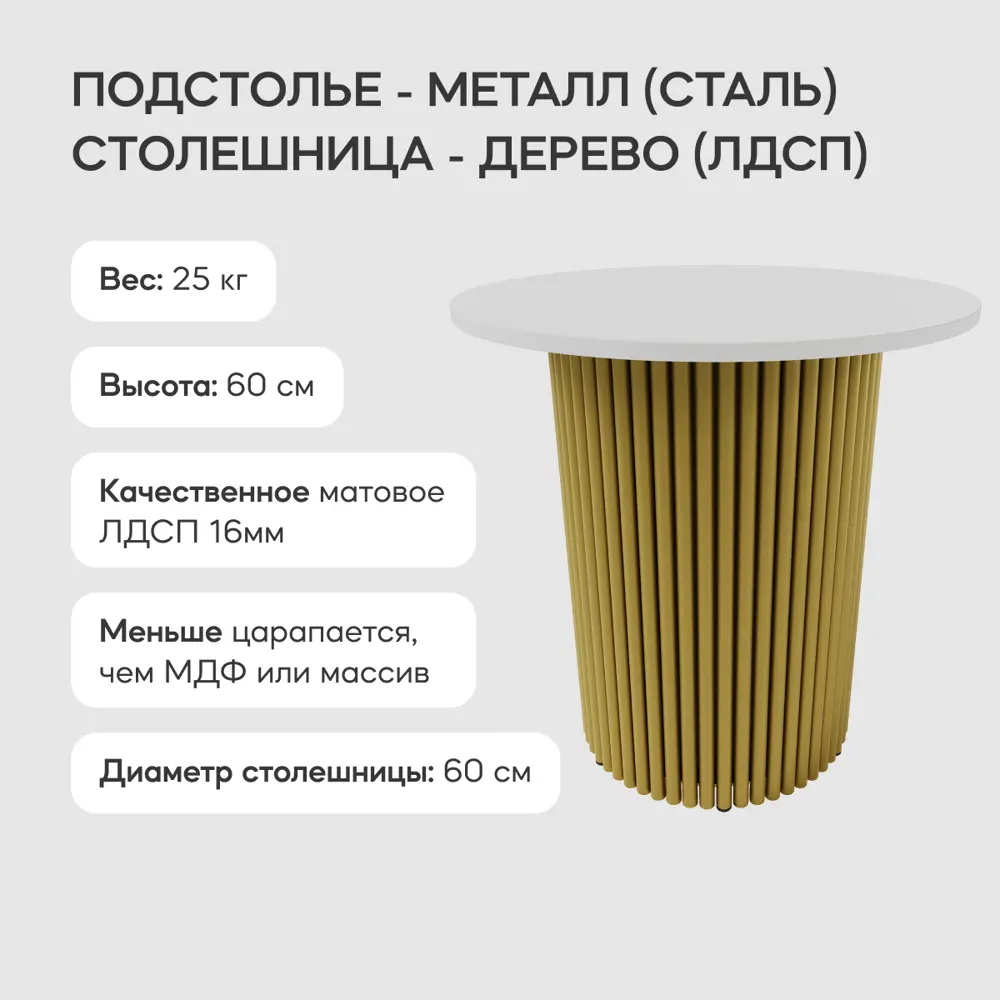 Фото 3 Журнальный столик круглый Genglass Trubis Wood S 60 60x60x60 см с металлическим золотым подстольем и белой столешницей Фото 3 Журнальный столик круглый Genglass Trubis Wood S 60 60x60x60 см с металлическим золотым подстольем и белой столешницей