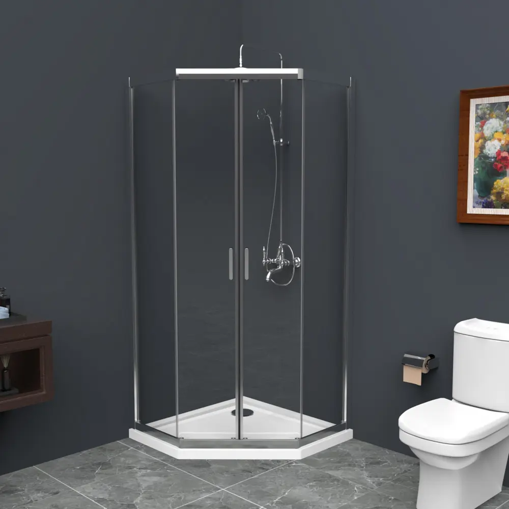 Фото 2 Душевой уголок Belbagno Uno 399132 пятиугольный 90х90см серебристый блеск профиль эффект стекла прозрачный Фото 2 Душевой уголок Belbagno Uno 399132 пятиугольный 90х90см серебристый блеск профиль эффект стекла прозрачный