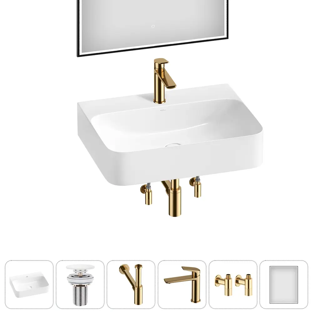 Фото 9 Раковина накладная Wellsee Clermont 20220295R 60см 6 в 1: д/к, сифон, смеситель, вентили, зеркало