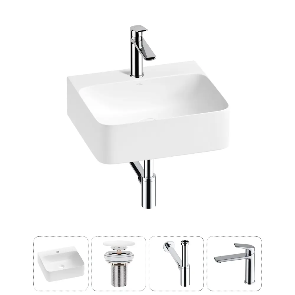 Фото 11 Раковина накладная Wellsee Clermont 43см с сифоном донный клапаном и смесителем 20220245R