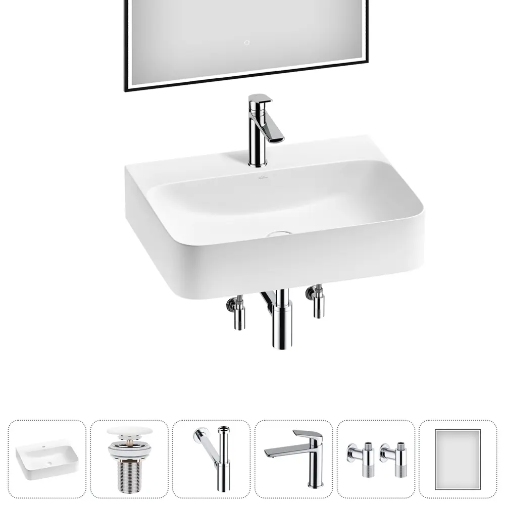 Фото 3 Раковина накладная Wellsee Clermont 20220313R 60см 6 в 1: д/к, сифон, смеситель, вентили, зеркало Фото 3 Раковина накладная Wellsee Clermont 20220313R 60см 6 в 1: д/к, сифон, смеситель, вентили, зеркало