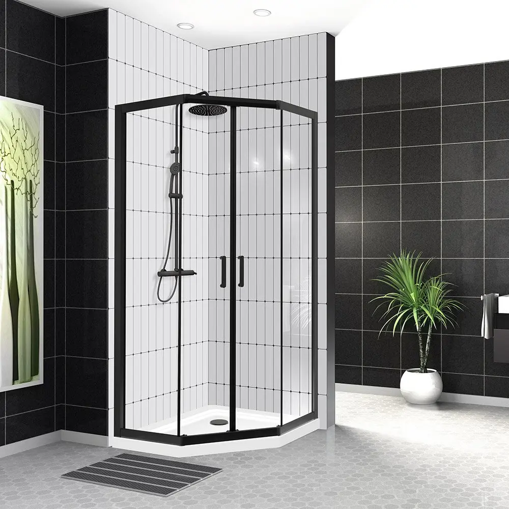 Фото Душевой уголок Belbagno Uno 459323 пятиугольный 90х90см черный профиль эффект стекла прозрачный Фото Душевой уголок Belbagno Uno 459323 пятиугольный 90х90см черный профиль эффект стекла прозрачный