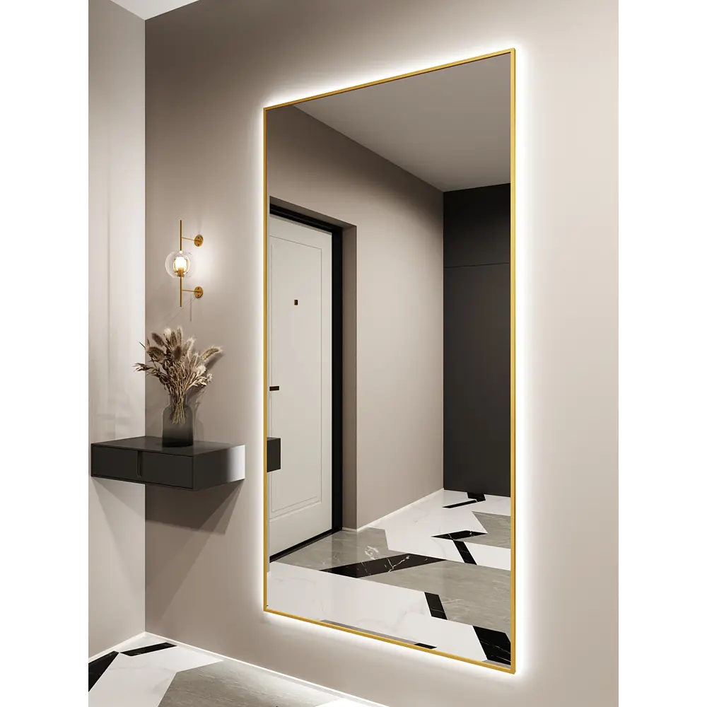 Фото Зеркало с подсветкой Alumirror 18090з6000К 180x90 см в алюминиевой раме настенное цвет золото Фото Зеркало с подсветкой Alumirror 18090з6000К 180x90 см в алюминиевой раме настенное цвет золото