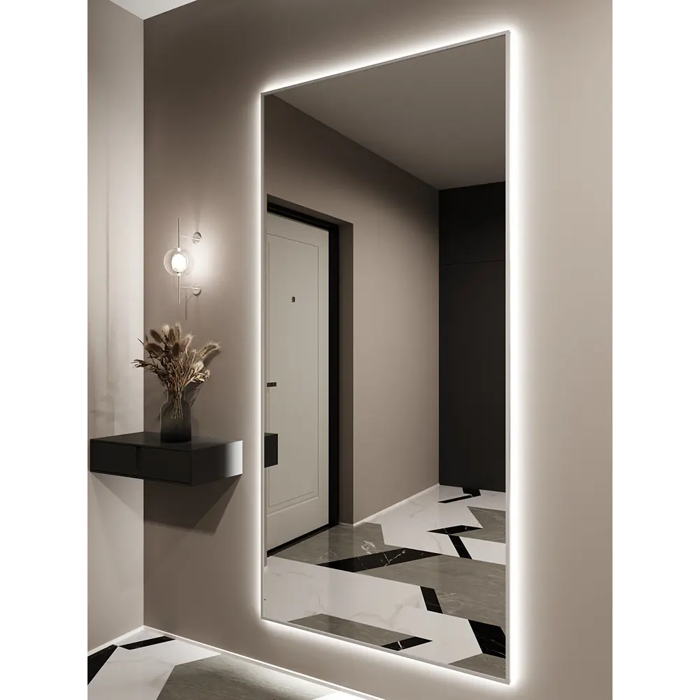 Фото Зеркало с подсветкой Alumirror 19090с6000К 190x90 см в алюминиевой раме настенное цвет серебро Фото Зеркало с подсветкой Alumirror 19090с6000К 190x90 см в алюминиевой раме настенное цвет серебро