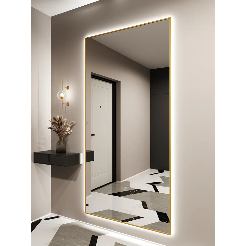 Фото Зеркало с подсветкой Alumirror 200100з6000К 200x100 см в алюминиевой раме настенное цвет золото Фото Зеркало с подсветкой Alumirror 200100з6000К 200x100 см в алюминиевой раме настенное цвет золото